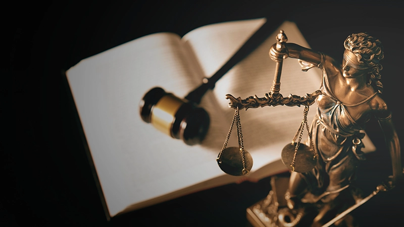 Lady Justice statue in law and books